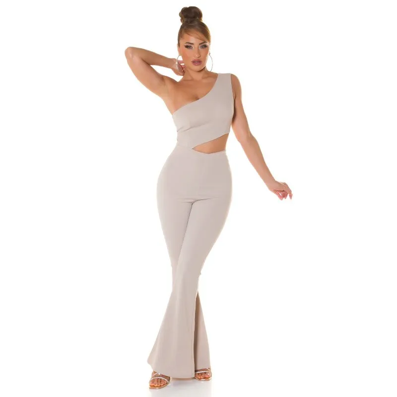 Damen One-Shoulder Overall Jumpsuit mit Schlag Beige