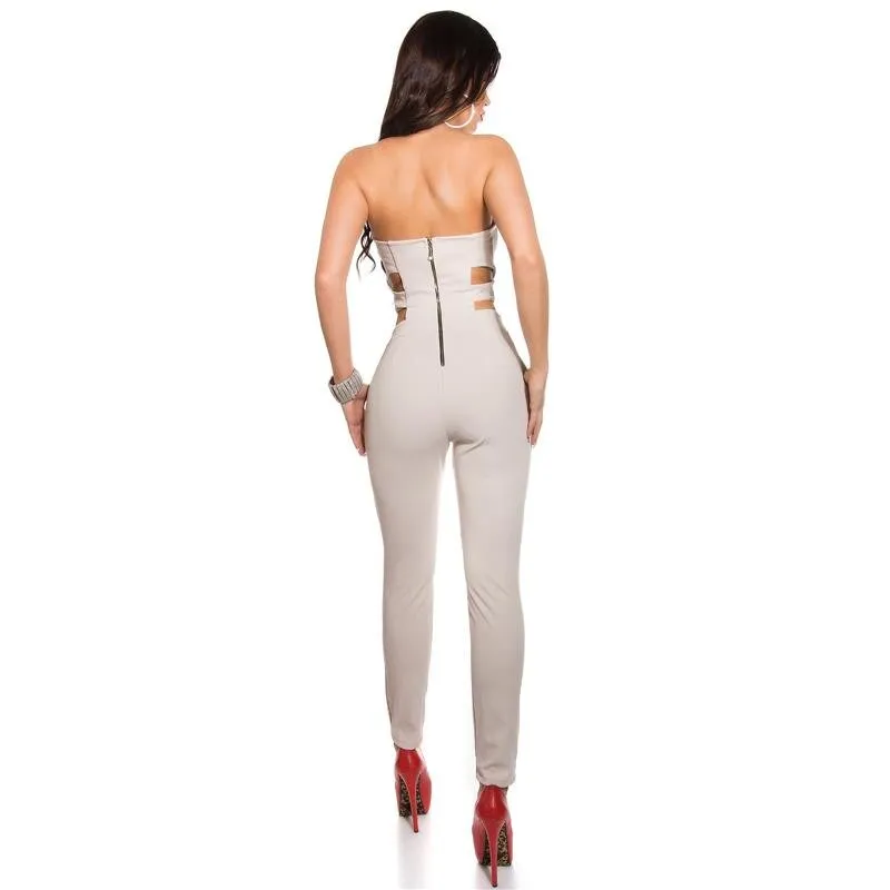 Eleganter Bandeau Overall Jumpsuit mit Strass Beige