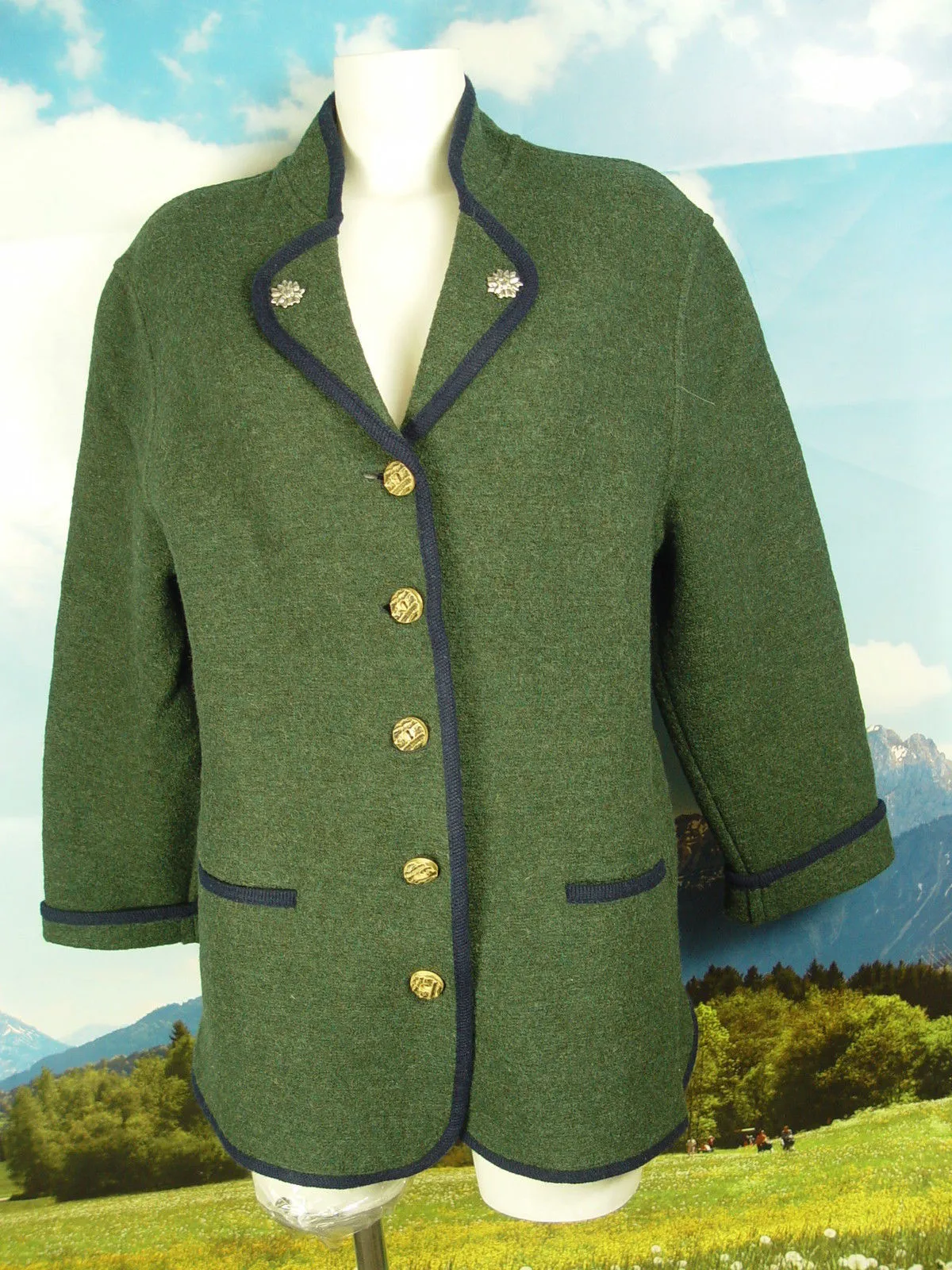 mit Edelweis-Pins tannengrüne leichte Walkjacke Jacke Trachtenjacke Gr.42
