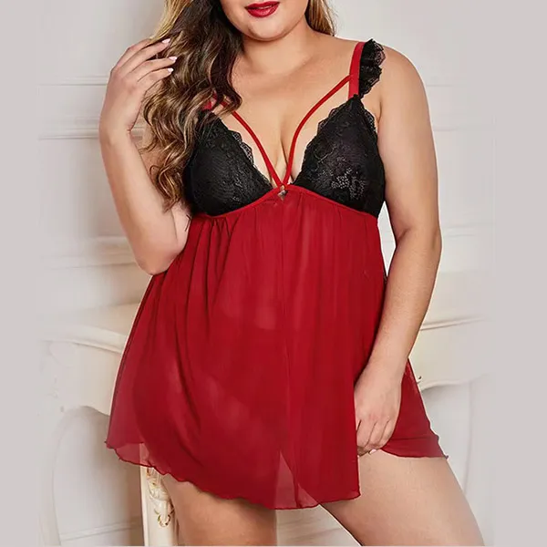 Modisches Pyjama-Kleid aus gespleißter Gaze mit kontrastfarbener Spitze