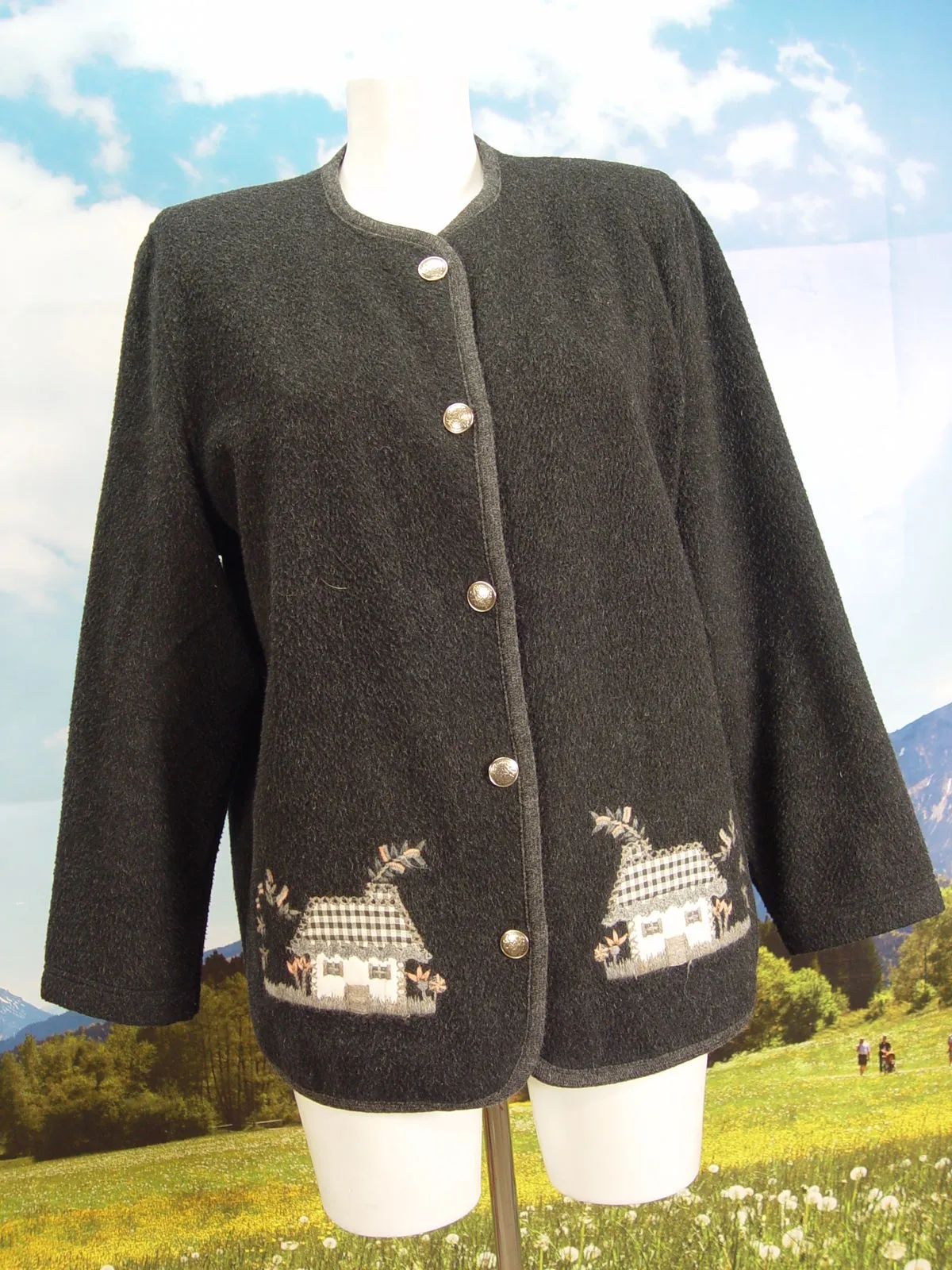 ROSNER schwarze leichte Walkjacke  Stickerei Besatz Janker Trachten Jacke Gr.38