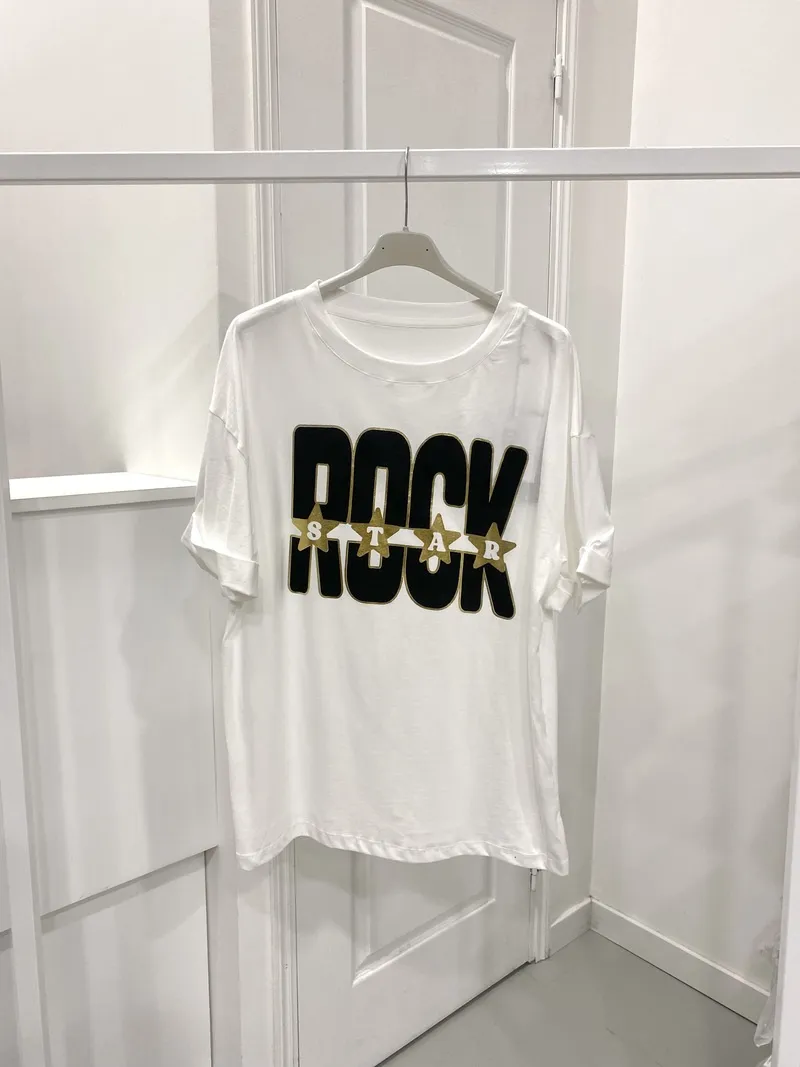 Weißes Baumwoll-T-Shirt mit „ROCK“-Muster